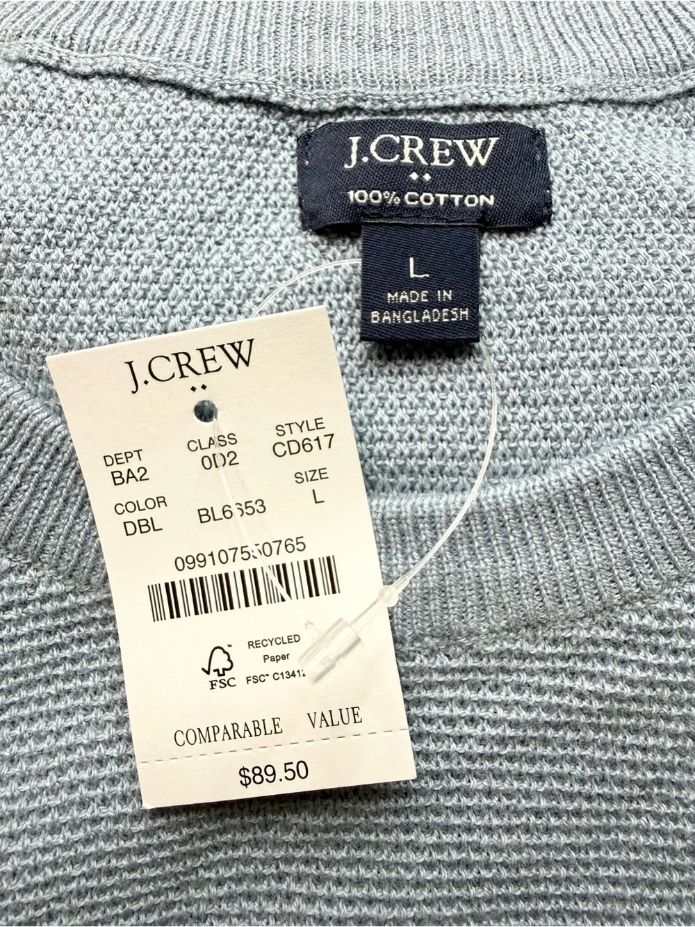 J.Crew Textured Cotton Crewneck Sweater Heather Light Blue NWT Size Large Knit
